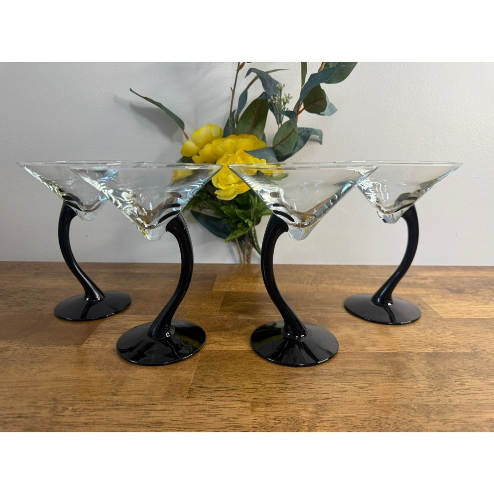Vintage Libbey Bravura Martini Glasses Black Curved Stem‎ Cocktail Glasses Retro